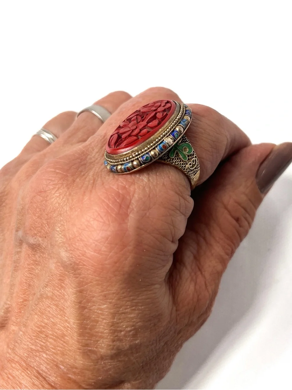 Antique Chinese Cinnabar Ring Carved Floral Silver Gold Gilt Enamel Adjustable
